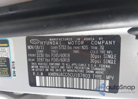 2012 Hyundai Veracruz Limited z USA, uszkodzony, nr VIN KM8NU4CC5CU187803